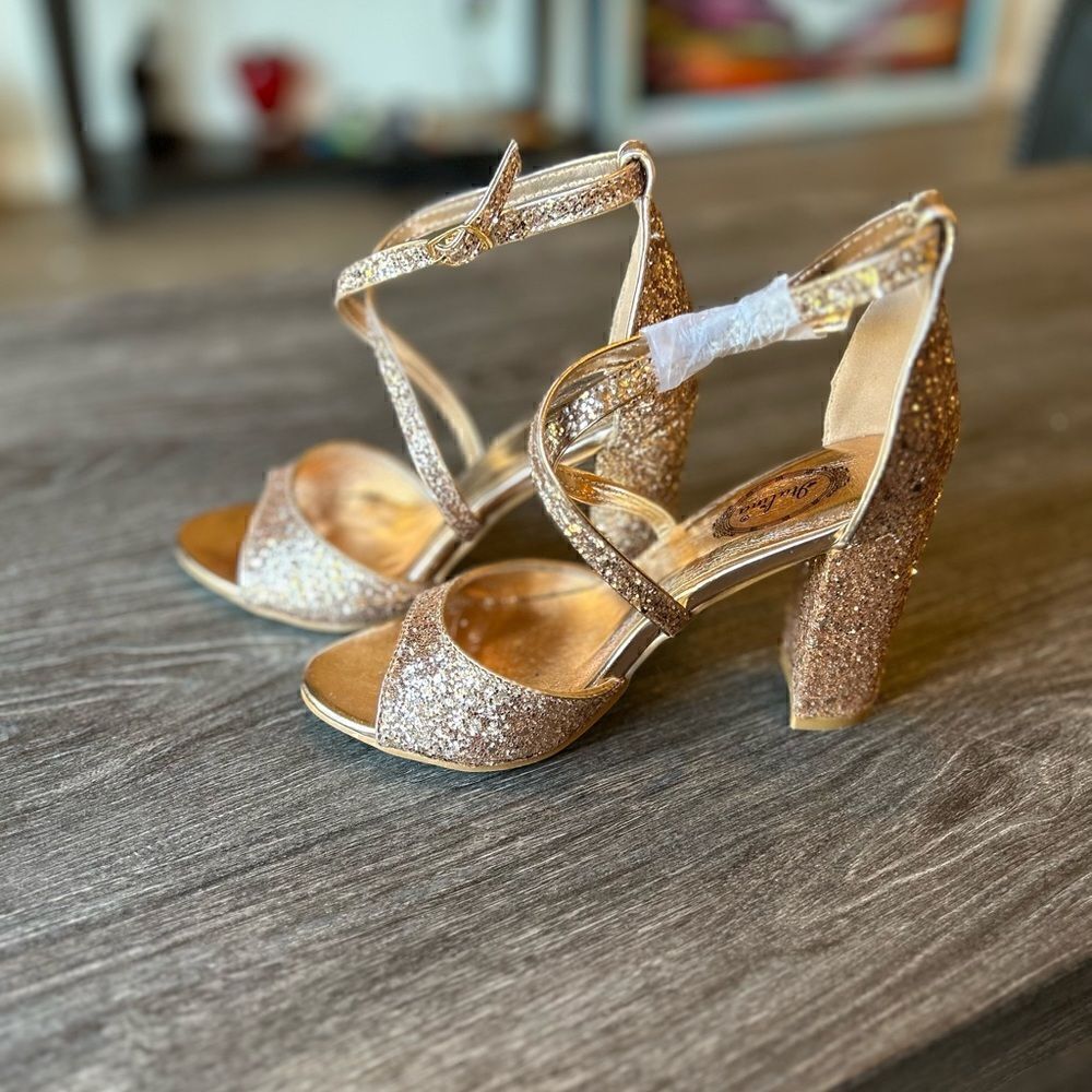 Italina Rose Gold Glitter Strappy Block Sandals